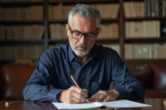 Psychiatre en consultation étudiant des notes cliniques dans un cabinet médical académique