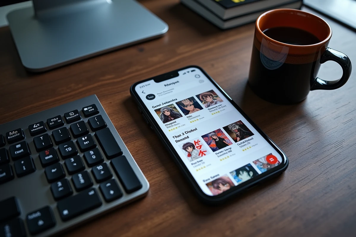 Smartphone affichant un site de scan manga posé sur un bureau avec des volumes imprimés et un clavier mécanique