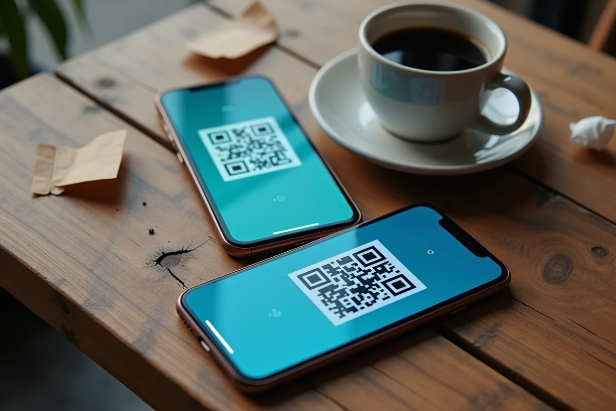 Vue de dessus de deux smartphones sur une table en bois, l'un affichant un QR code Crunshy et l'autre montrant une alerte de sécurité lors du scan