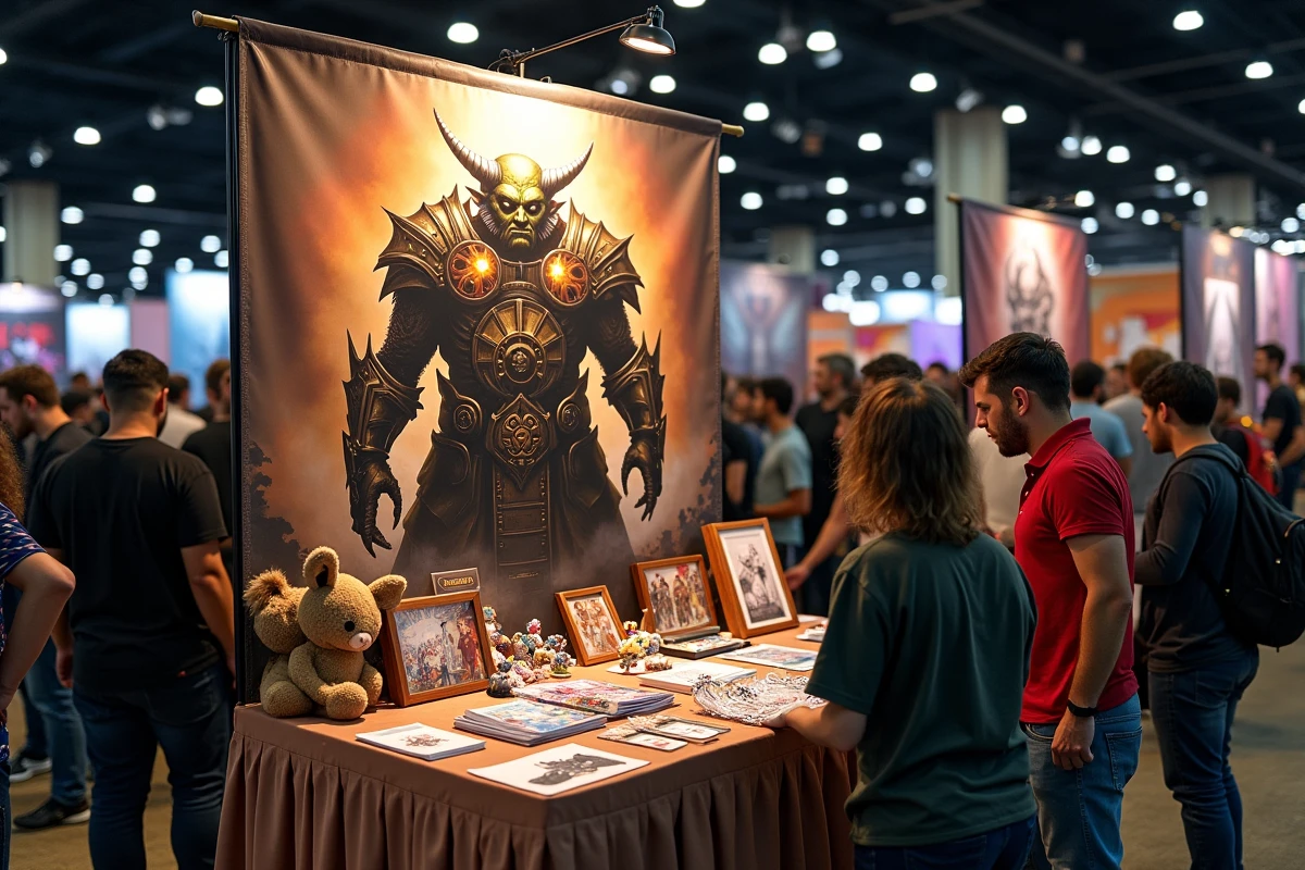 Stand de convention fantasy avec bannières illustrées de personnages gobelins et merchandising isekai pour fans