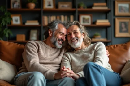 Couple dans la trentaine partageant un moment de tendresse sur un canapé en cuir, symbole des surnoms d'amour après plusieurs années de vie commune