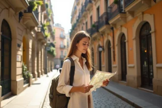 Touriste consultant une carte du quartier Eixample à Barcelone, devant des façades modernistes catalanes avec balcons et pavés hexagonaux