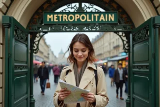 Touriste consultant un plan de métro parisien devant l'entrée Art Nouveau d'une station de métro à Paris
