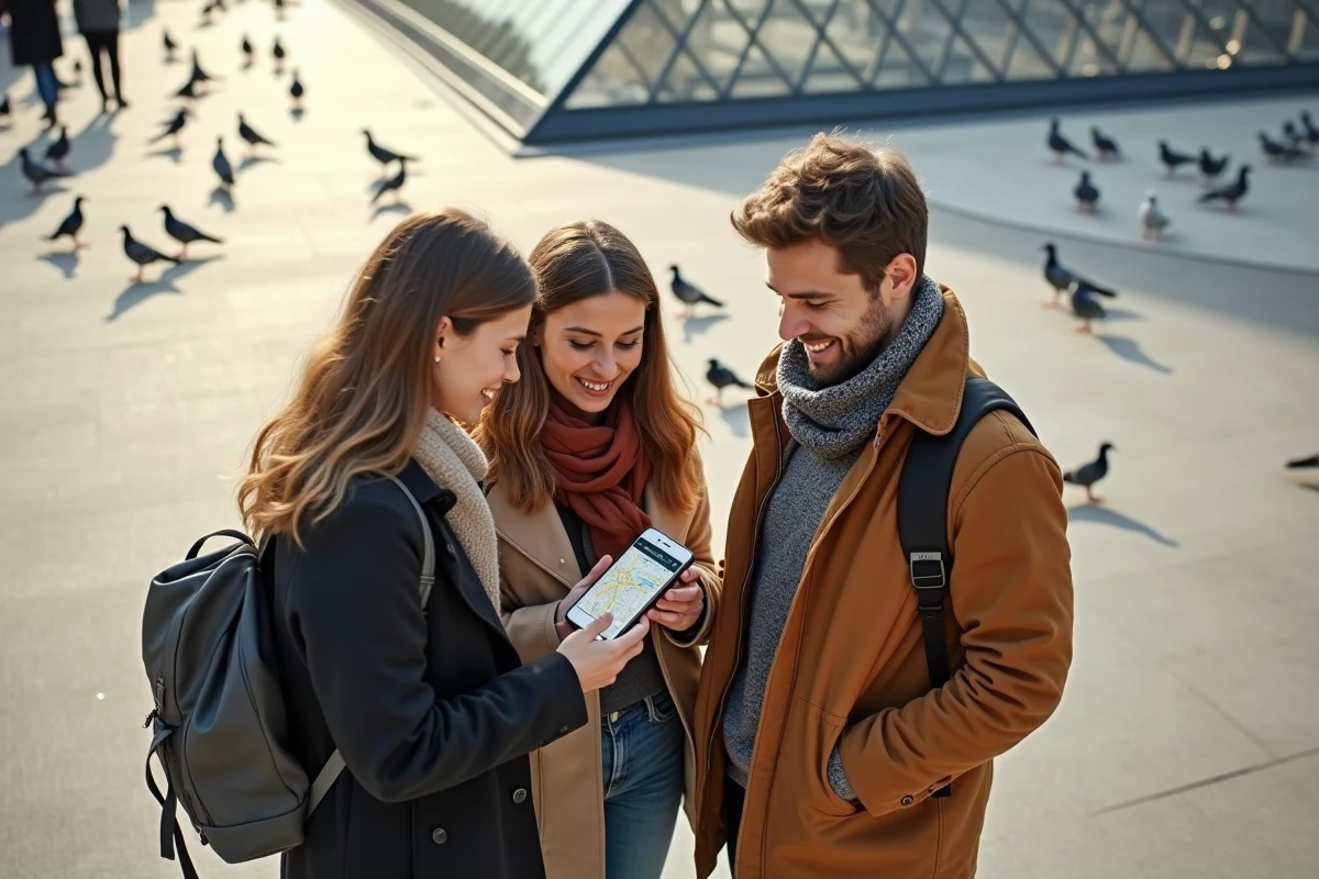 Groupe de touristes consultant un plan de métro sur smartphone près de la pyramide du Louvre à Paris