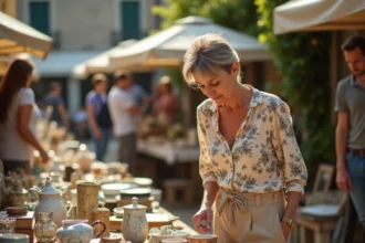 Femme parcourant les étals d'un vide grenier convivial dans un village du Maine-et-Loire