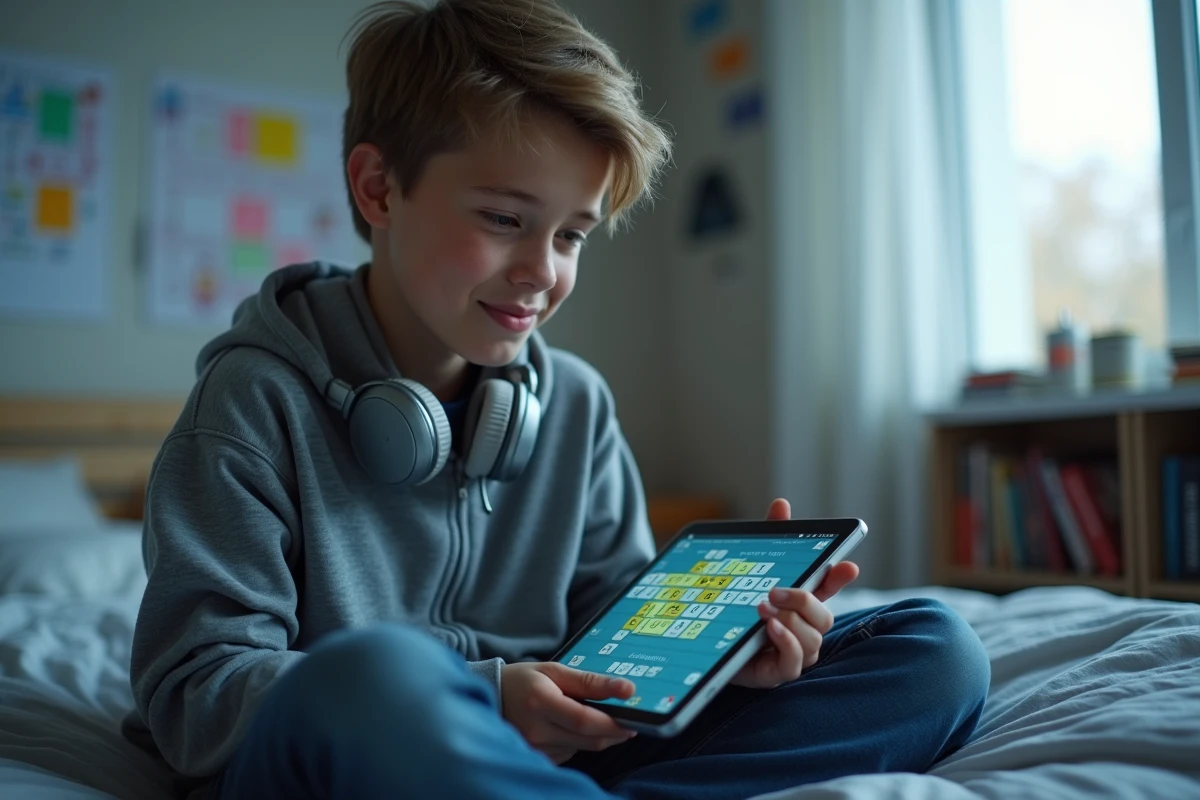 Adolescent jouant à 4 Images 1 Mot sur tablette dans sa chambre, bloqué sur un mot de 7 lettres