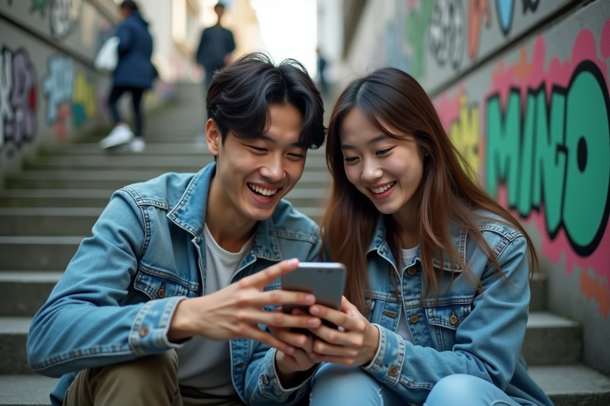 Deux amis regardant ensemble des mangas en ligne sur un smartphone assis sur des marches urbaines en ville
