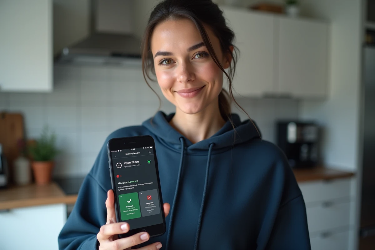 Femme consultant les résultats d'une analyse antivirus sur son smartphone dans une cuisine moderne