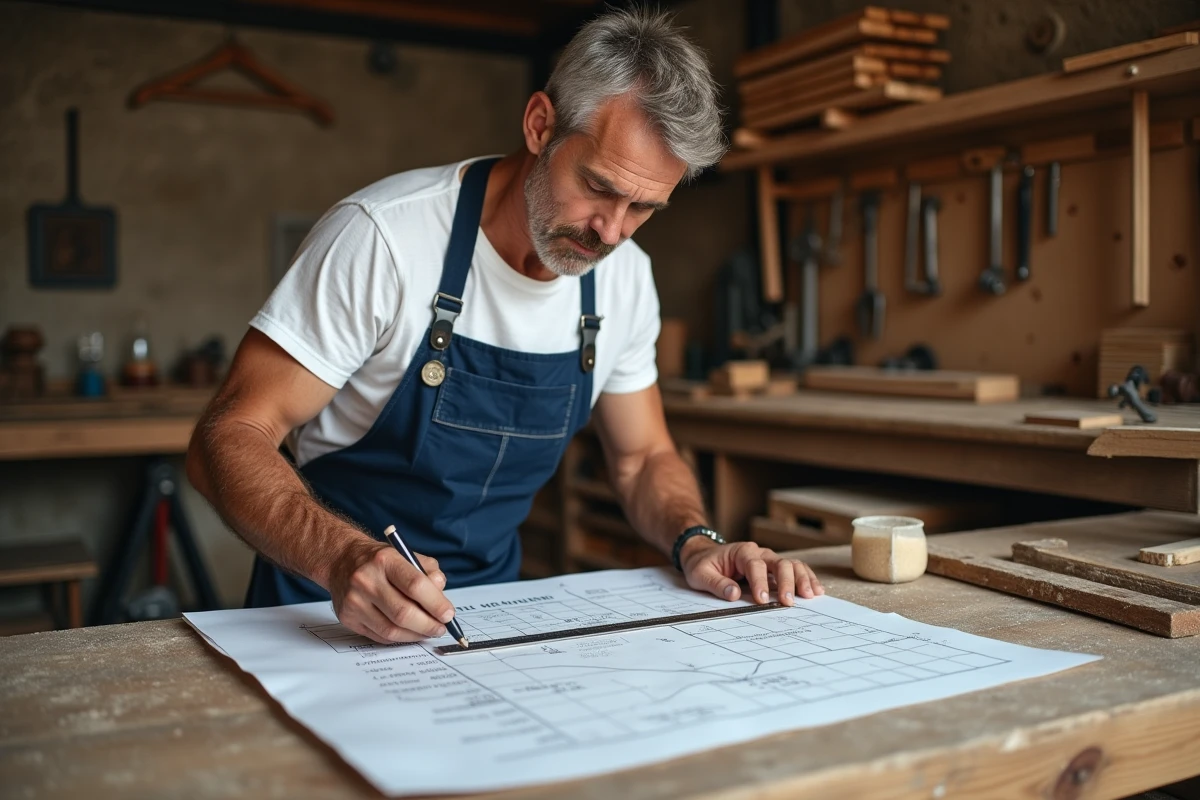 Artisan en atelier de menuiserie consultant un plan avec des calculs de conversion de mètres carrés en centimètres carrés écrits à la main