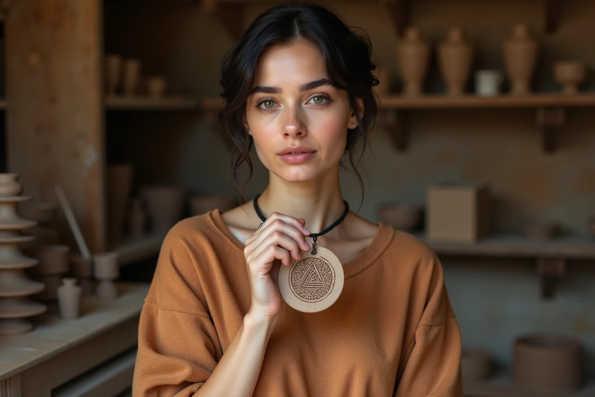 Artisane tenant un pendentif en céramique gravé d'un triskel dans un atelier de poterie, symbole celtique contemporain