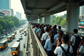 Foule de navetteurs dans une station BTS de Bangkok au cœur du district de Sukhumvit, illustrant la densité urbaine du centre-ville