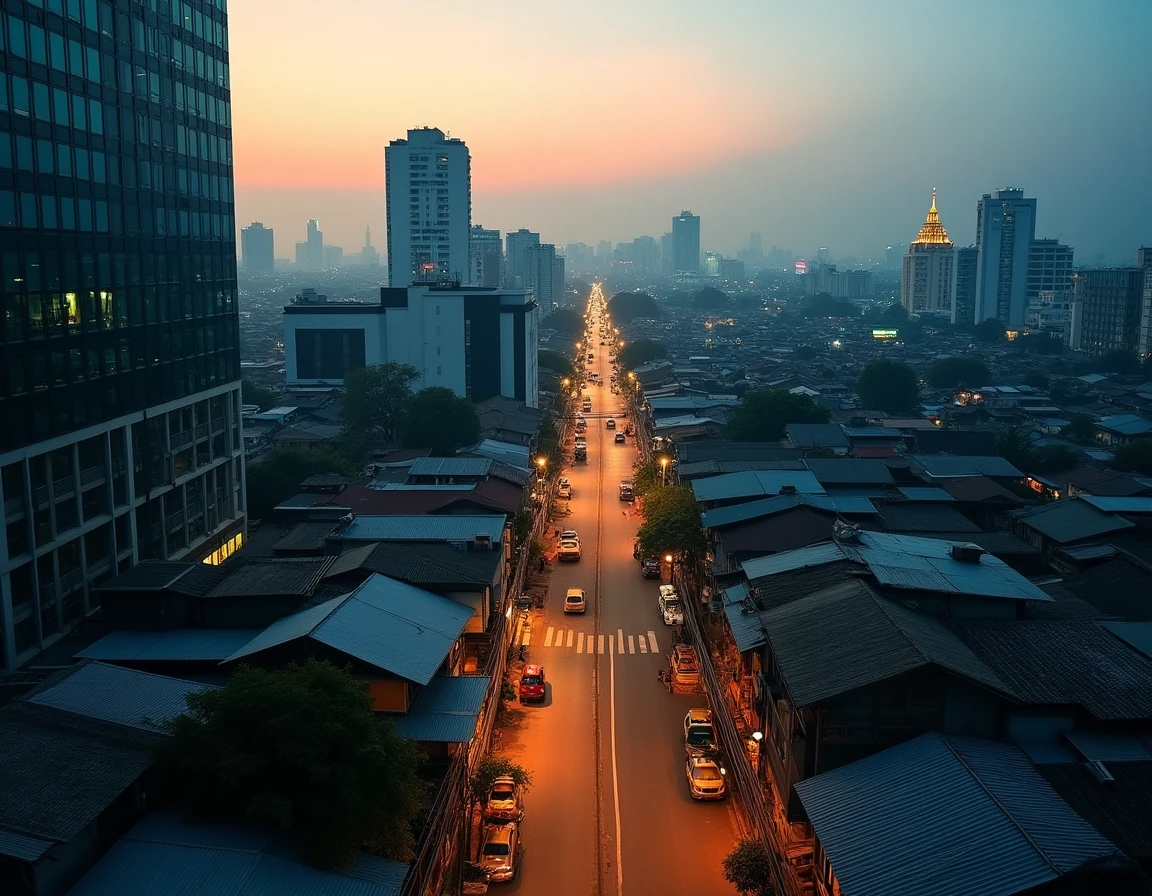 Vue en hauteur sur Bangkok montrant le contraste entre un quartier moderne et un quartier informel, illustrant les inégalités spatiales et démographiques de la ville