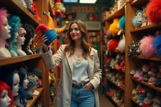 Femme qui choisit un déguisement dans une boutique de costumes colorée près de République à Paris