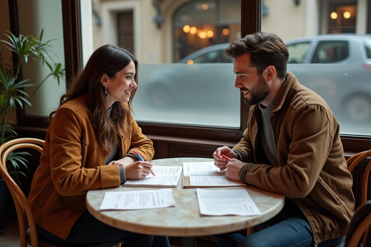 Deux traducteurs collaborant sur des documents bilingues italiens-français dans un café parisien, corrigeant des erreurs de traduction