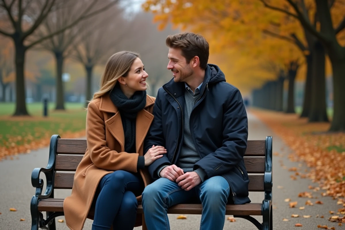 Couple complice discutant sur un banc en automne, illustrant la relation sérieuse recherchée par l'homme Vierge