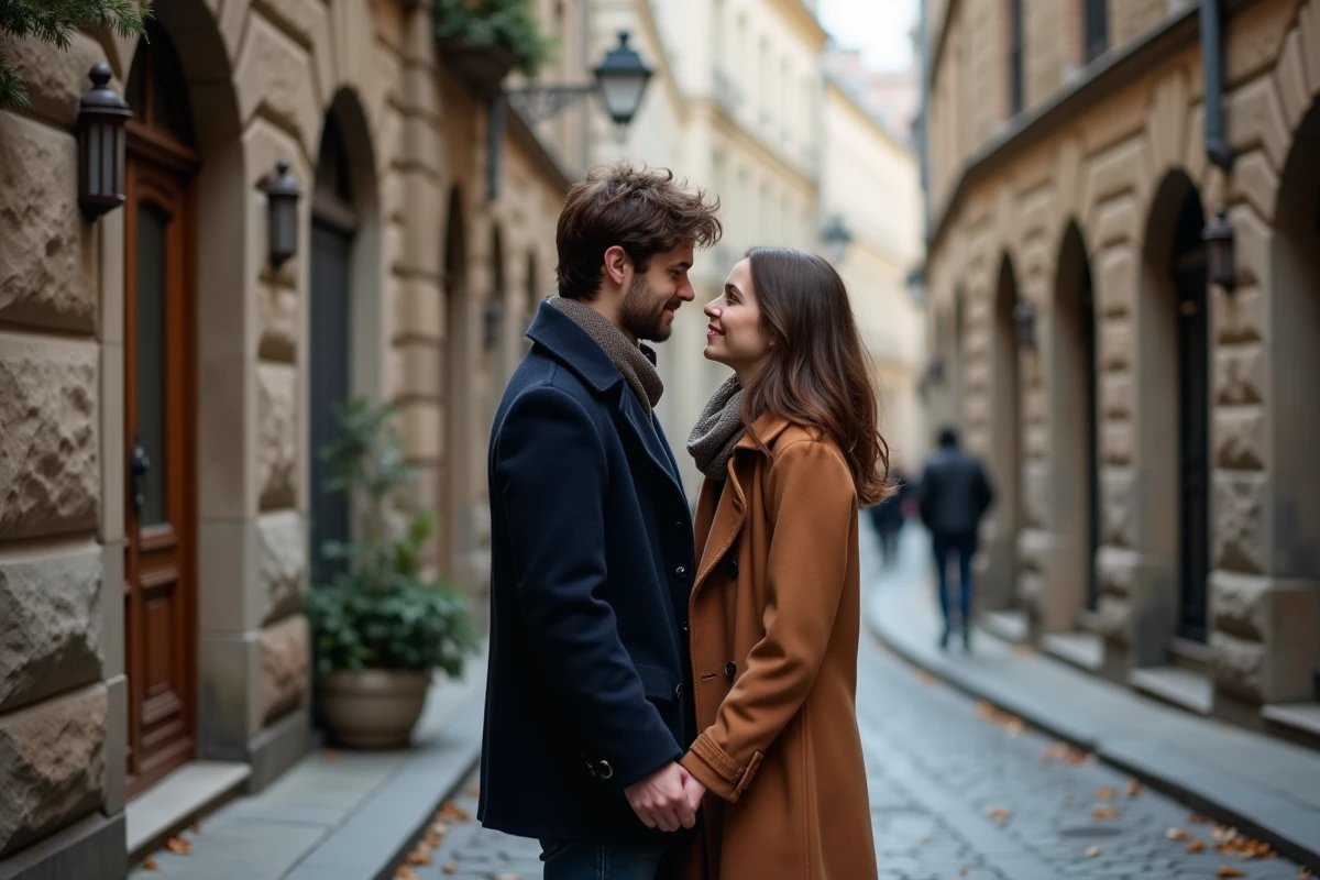 Couple tenant la main dans une rue pavée avec une horloge affichant 11h01, illustrant la signification de ce nombre en amour