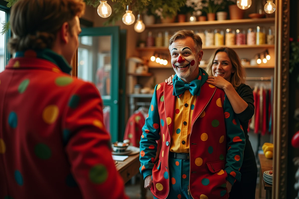 Homme essayant un costume de clown dans une boutique de déguisements à Paris avec l'aide d'une vendeuse
