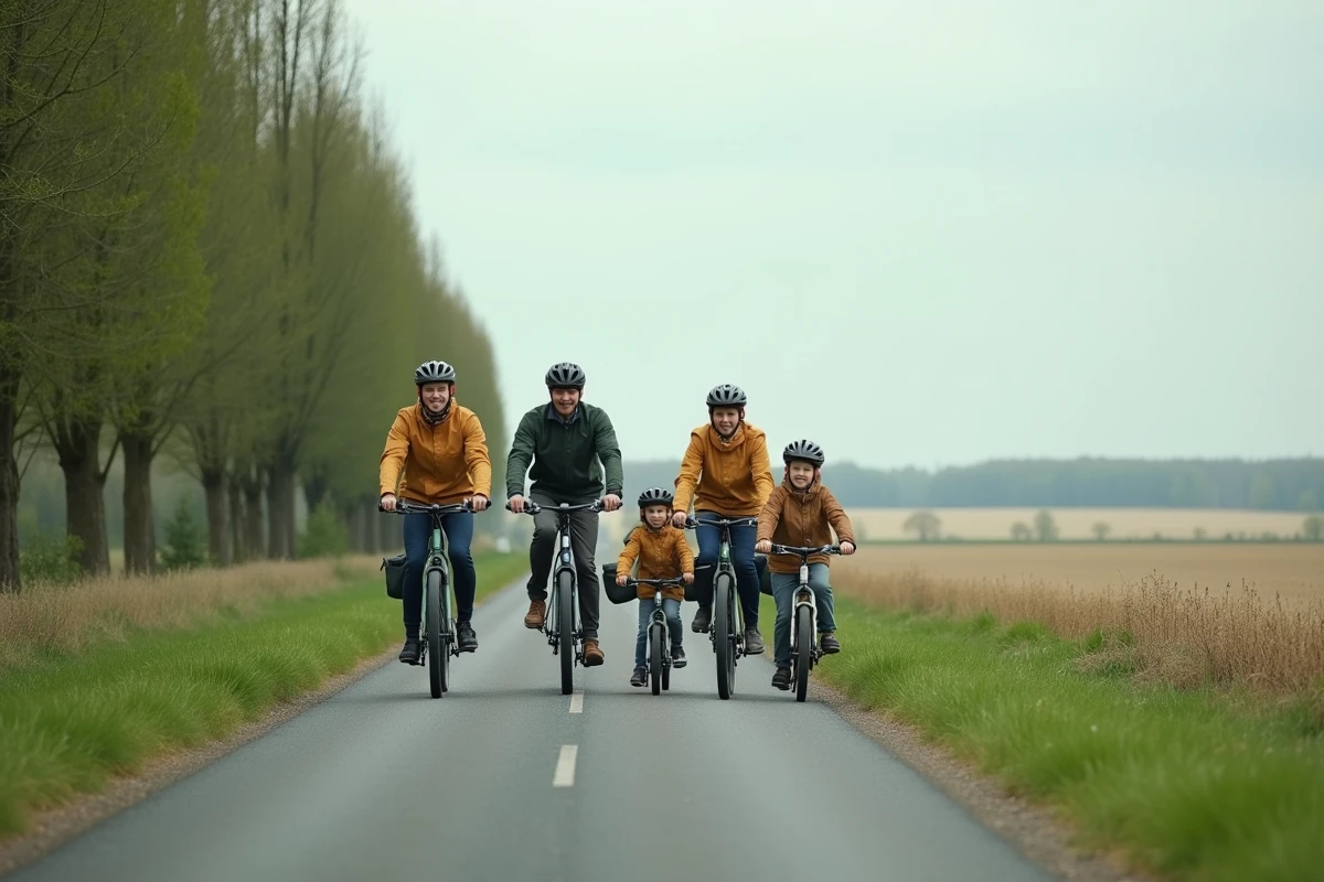 Famille à vélo sur une voie verte bordée de peupliers dans la campagne lorraine autour de Saralbe