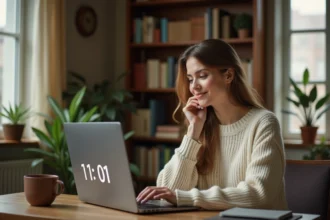 Femme pensive devant un ordinateur affichant 11h01, symbolisant la signification du nombre 1101 en numérologie