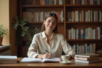 Femme posée et intellectuelle assise dans une bibliothèque, symbolisant la compatibilité avec l'homme Vierge