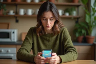 Femme concentrée jouant à 4 Images 1 Mot sur smartphone, cherchant une solution de 7 lettres