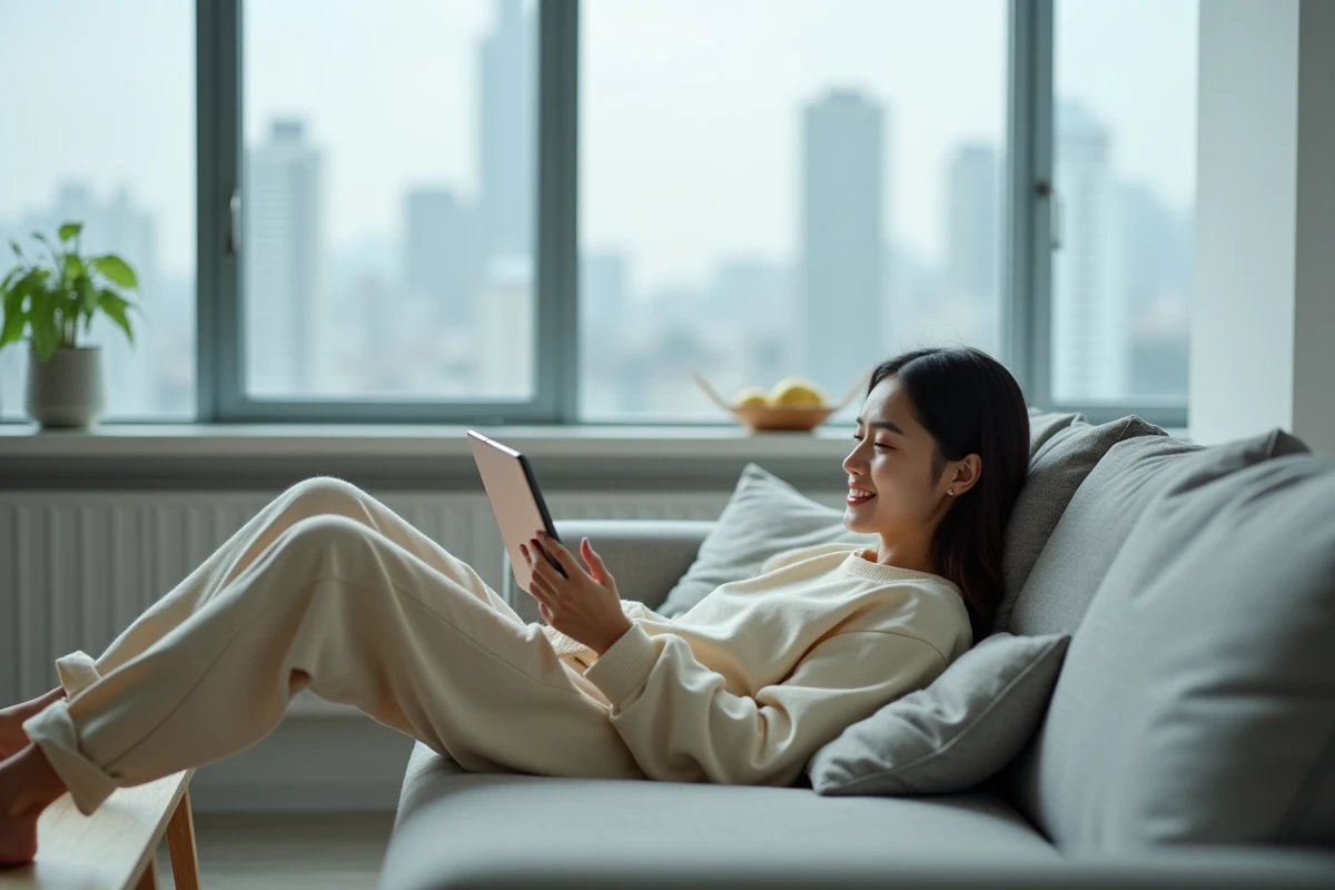 Jeune femme lisant des mangas sur une tablette allongée sur un canapé dans un salon moderne et minimaliste