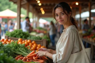Femme choisissant des légumes frais sur un marché du dimanche matin en plein air