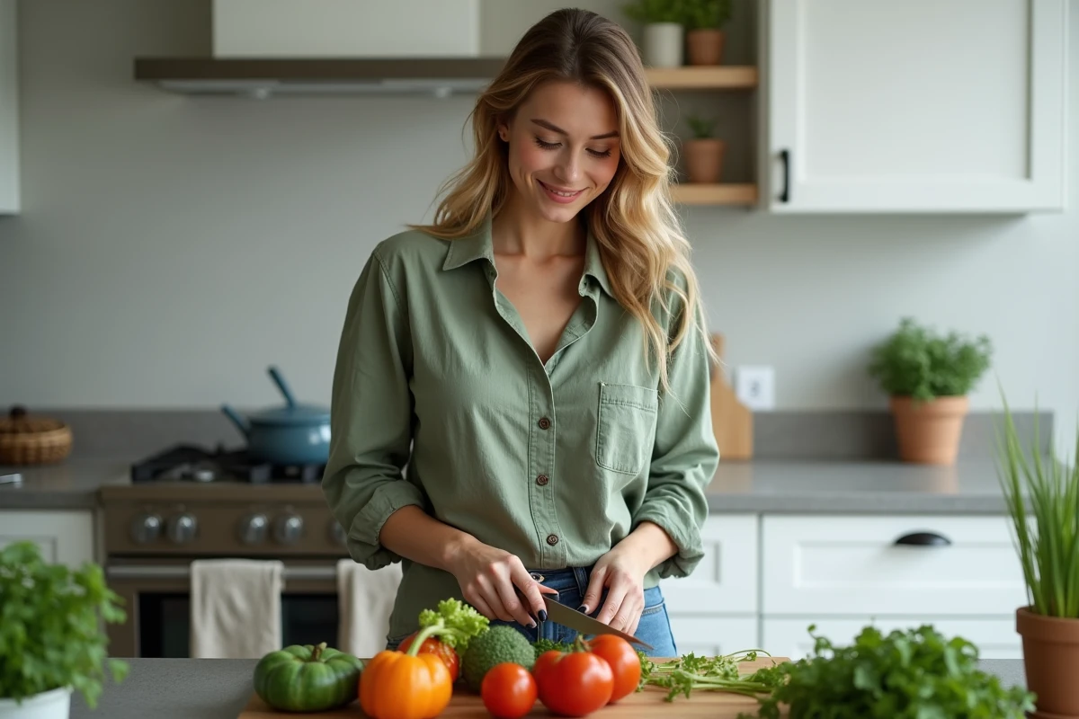 Femme organisée et authentique cuisinant dans une cuisine moderne, trait apprécié par l'homme Vierge