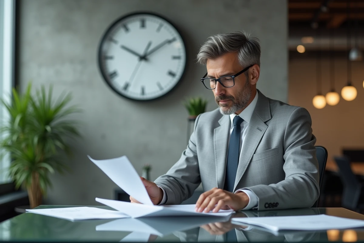 Homme en costume au bureau avec une horloge indiquant 11h01, représentant la signification du nombre 1101 dans le domaine professionnel