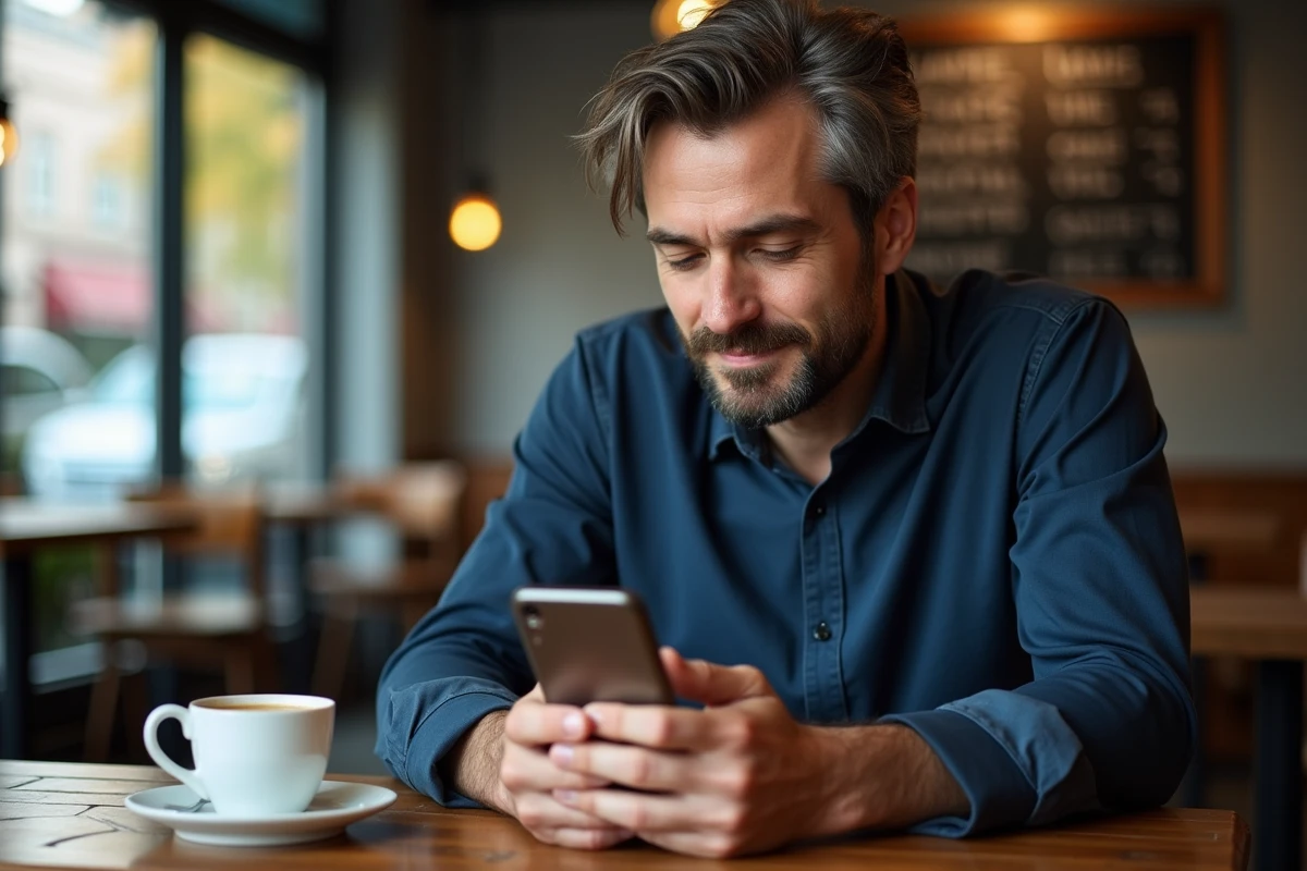 Homme en café cherchant la solution d'un mot de 7 lettres dans le jeu 4 Images 1 Mot