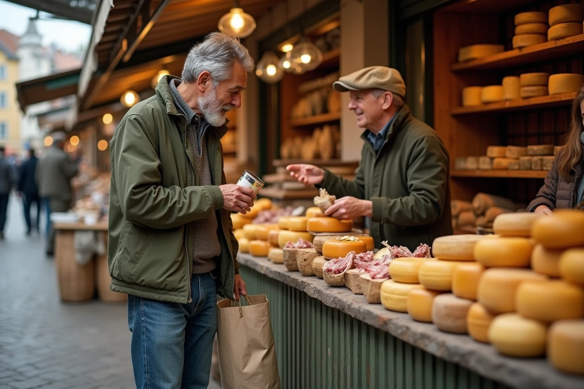 Homme discutant avec un fromager au marché couvert du dimanche matin