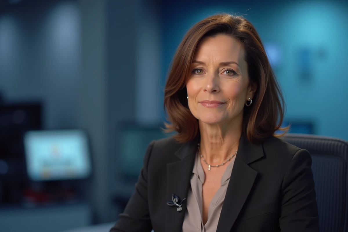 Journaliste française en blazer dans un studio de télévision, portrait professionnel sobre et élégant