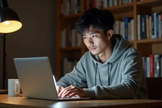 Jeune homme lisant des mangas en ligne sur un ordinateur portable dans un bureau cosy avec des étagères remplies de mangas
