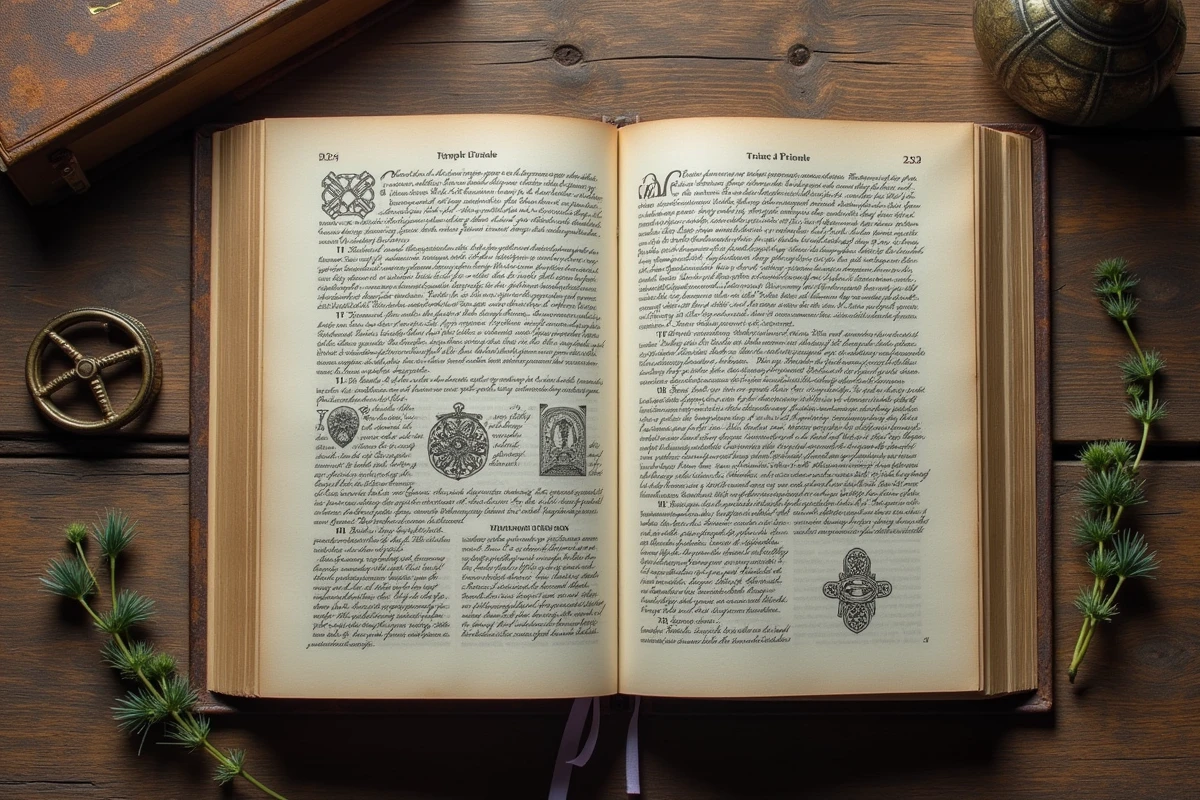 Livre ouvert sur la mythologie celtique avec illustrations du triskel, figurine en bronze et bruyère séchée sur un bureau en bois ancien