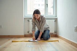 Femme mesurant une surface au sol en appartement avec un mètre ruban et un carnet de notes pour convertir des mètres carrés en centimètres carrés