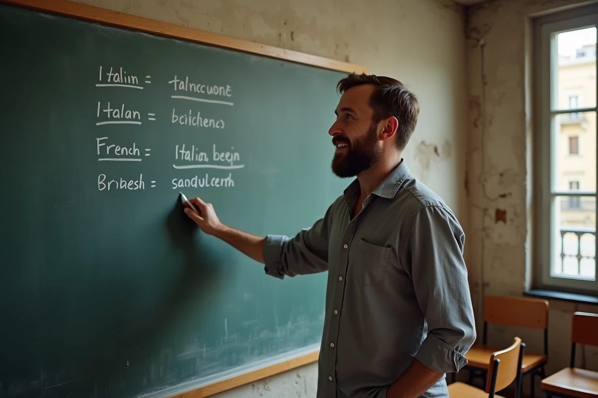 Professeur expliquant les erreurs fréquentes de traduction entre l'italien et le français sur un tableau noir en salle de cours