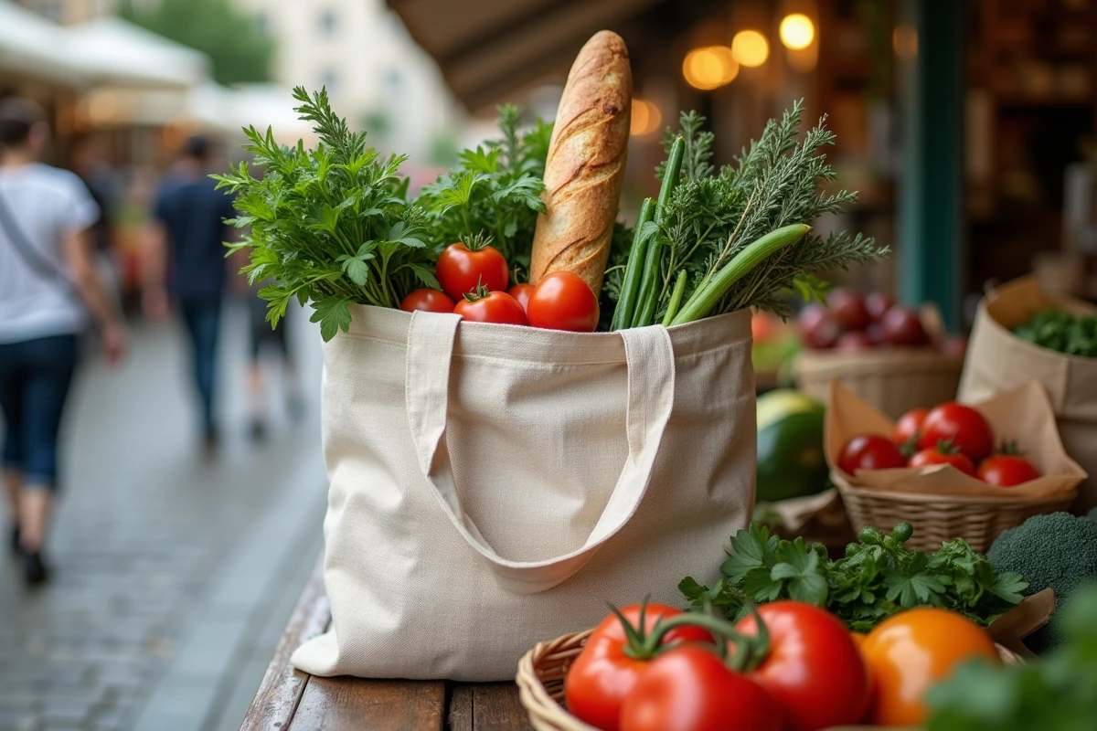 Sac de courses rempli de produits frais achetés au marché dominical