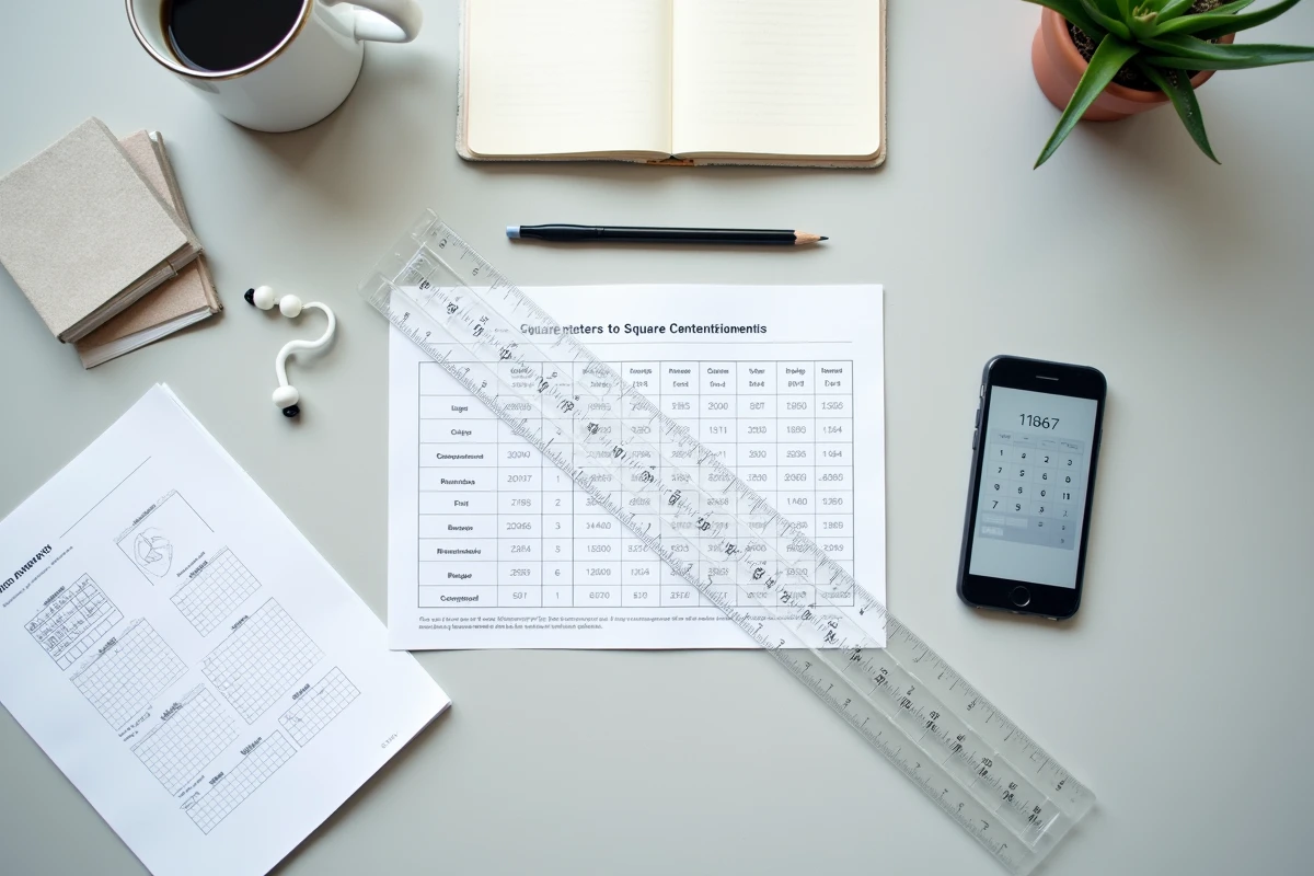 Vue aérienne d'un bureau minimaliste avec un tableau de conversion mètres carrés en centimètres carrés, une règle, un carnet de grille et une calculatrice sur smartphone