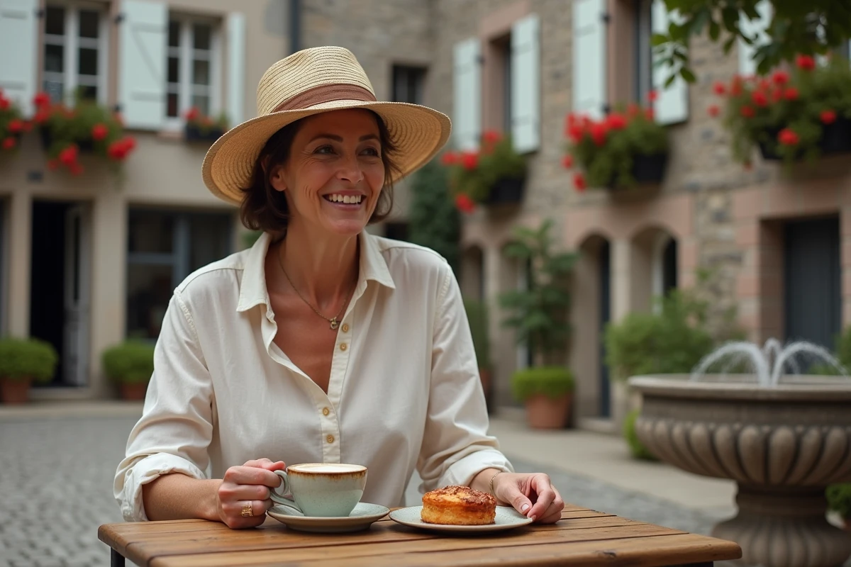 Femme savourant une tarte flambée en terrasse dans un village typique de Moselle à proximité de Saralbe