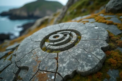 Symbole triskel gravé sur une pierre ancienne en Bretagne, recouvert de mousse et de lichen, évoquant l'héritage celtique