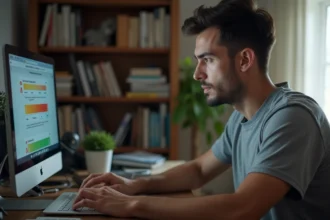 Homme vérifiant la sécurité d'un fichier téléchargé sur son ordinateur portable à son bureau