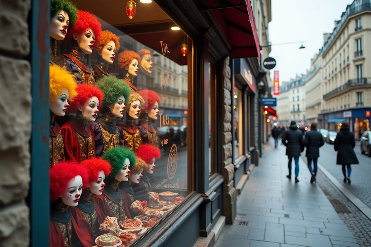 Vitrine d'une boutique de déguisements au Clown de la République avec costumes et masques colorés à Paris