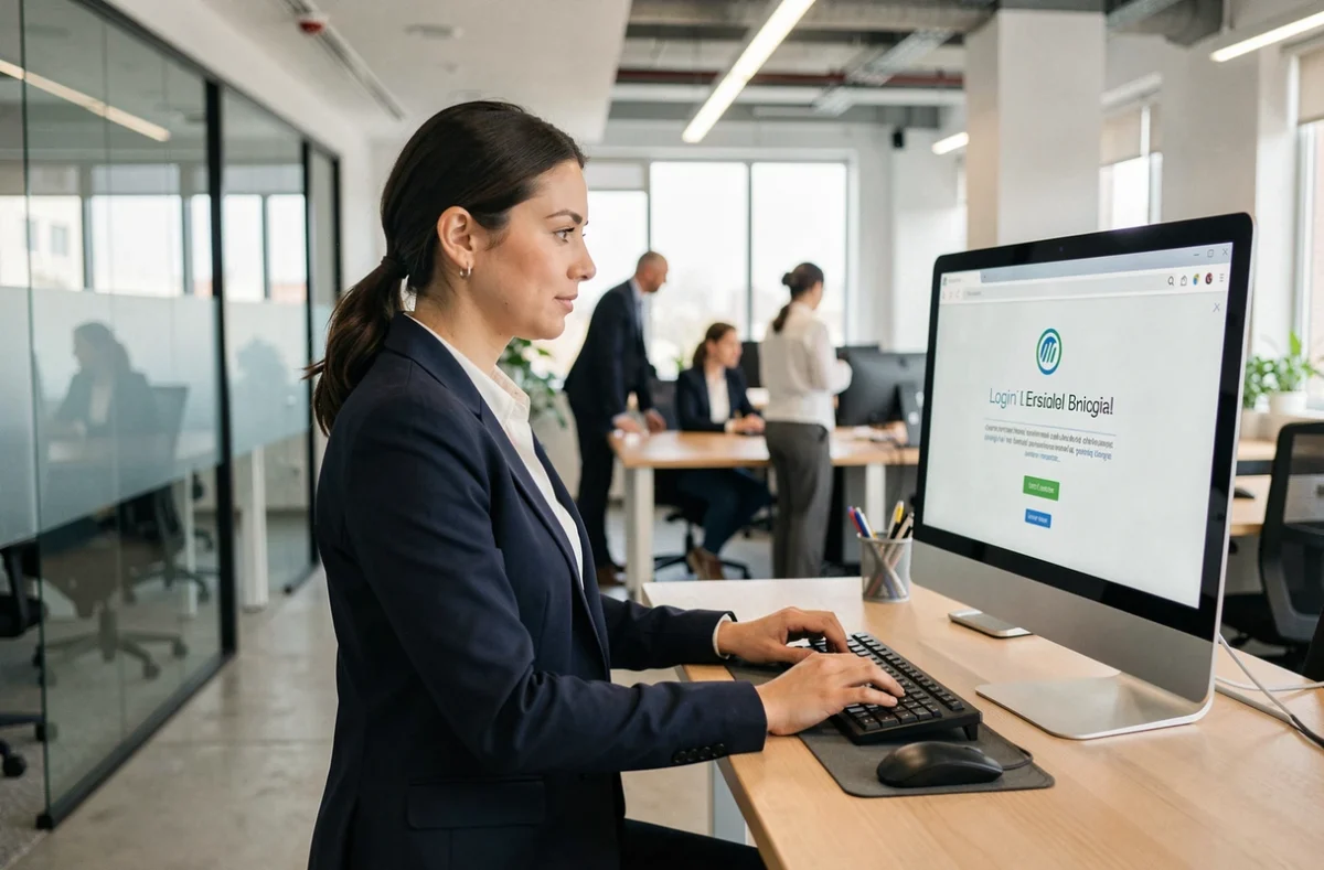 Une femme en blazer navy tentant de résoudre un problème d'accès à son espace membre depuis un bureau professionnel en open space