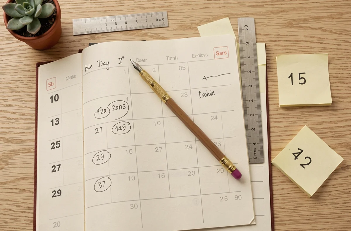 Vue aérienne d'un agenda papier ouvert avec des dates entourées et des calculs de jours écrits à la main sur un bureau en bois