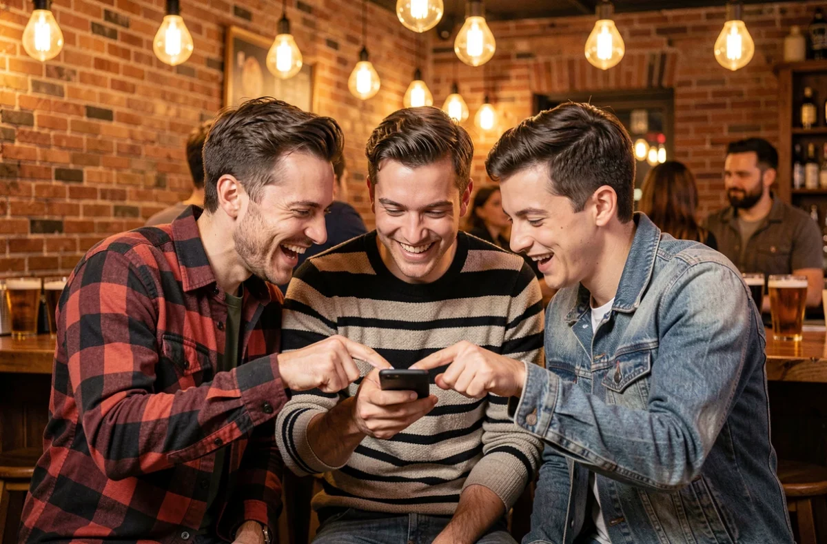 Groupe d'amis riant ensemble autour d'un smartphone dans un bar, illustrant le phénomène de buzz autour de la vie amoureuse d'une personnalité médiatique