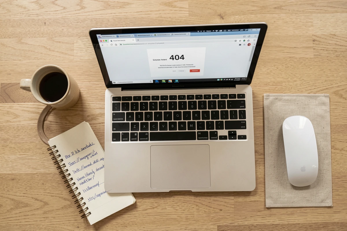 Bureau avec ordinateur affichant une erreur 404 et notes manuscrites de séries à retrouver