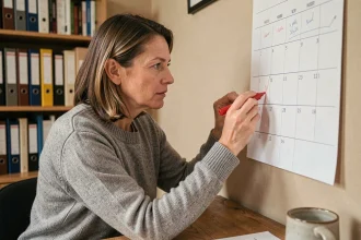 Femme calculant le nombre de jours entre deux dates sur un calendrier papier accroché au mur dans un bureau à domicile