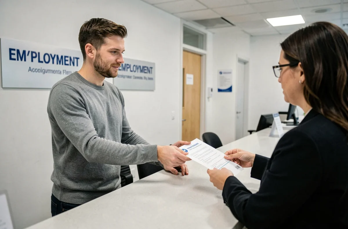Homme déposant un document de changement d'adresse auprès d'un conseiller France Travail en agence