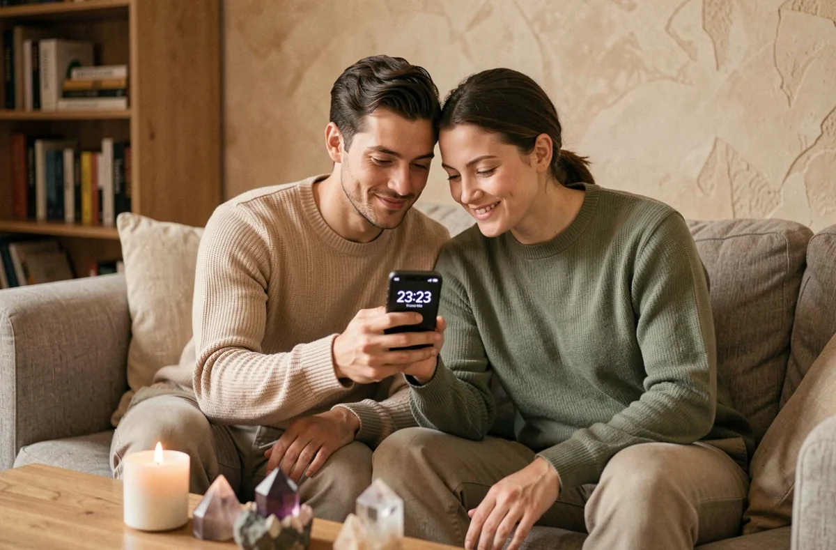 Couple complice découvrant ensemble l'heure miroir 23h23 sur un smartphone, symbole de synchronicité et d'attraction amoureuse