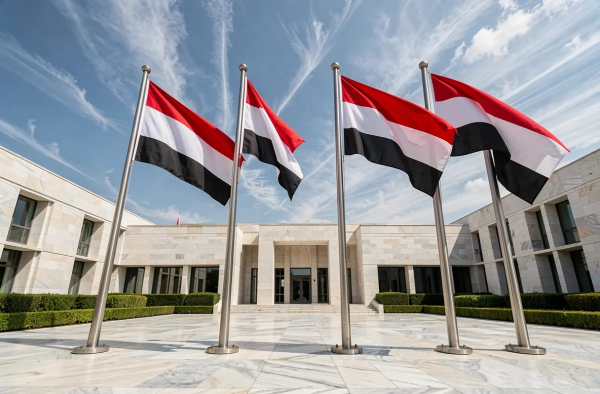 Drapeaux arabes aux couleurs rouge blanc noir alignés devant un bâtiment gouvernemental, symboles du panarabisme et de l'unité arabe